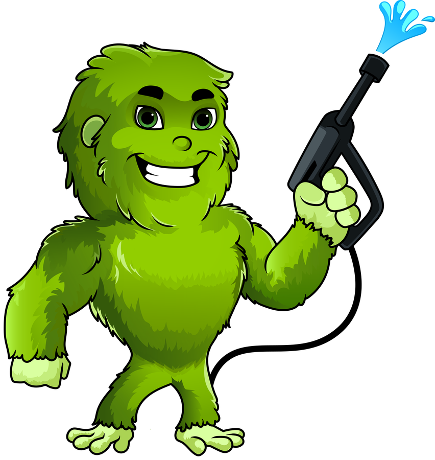 The Squatch holding a pressure washing wand
