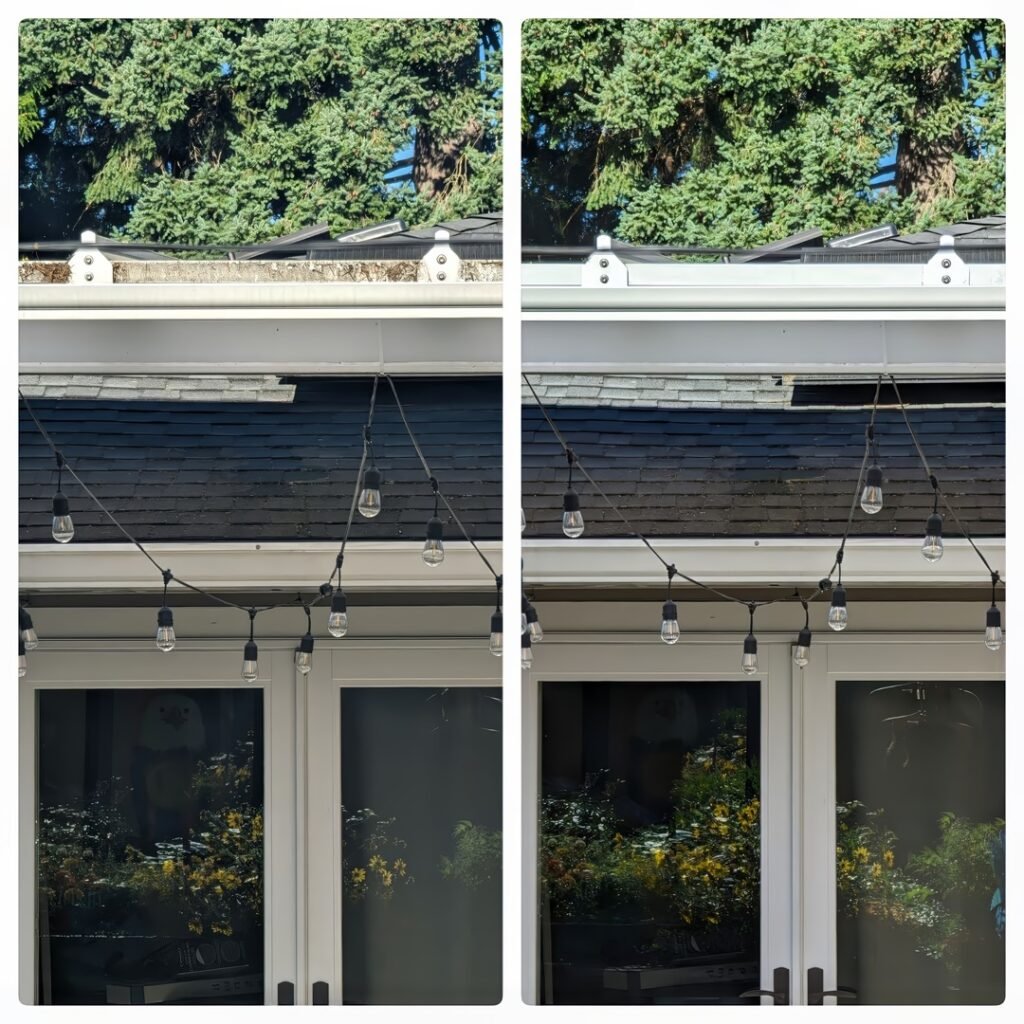 Before and after images of gutter cleaning. The left photo shows a section of house gutters filled with debris and leaves against a backdrop of trees. The right photo displays the same gutters after cleaning, now clear of debris, with the roof and gutters appearing well-maintained. 