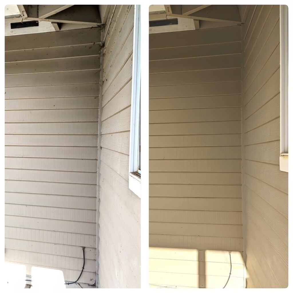 Before and after photos of a house siding cleaning. The left image shows the siding with visible dirt, grime, and cobwebs. The right image shows the same area after cleaning, with the siding looking noticeably cleaner and brighter. Shadows cast by the sun indicate that the photos were taken at similar times of the day, highlighting the effectiveness of the wash.