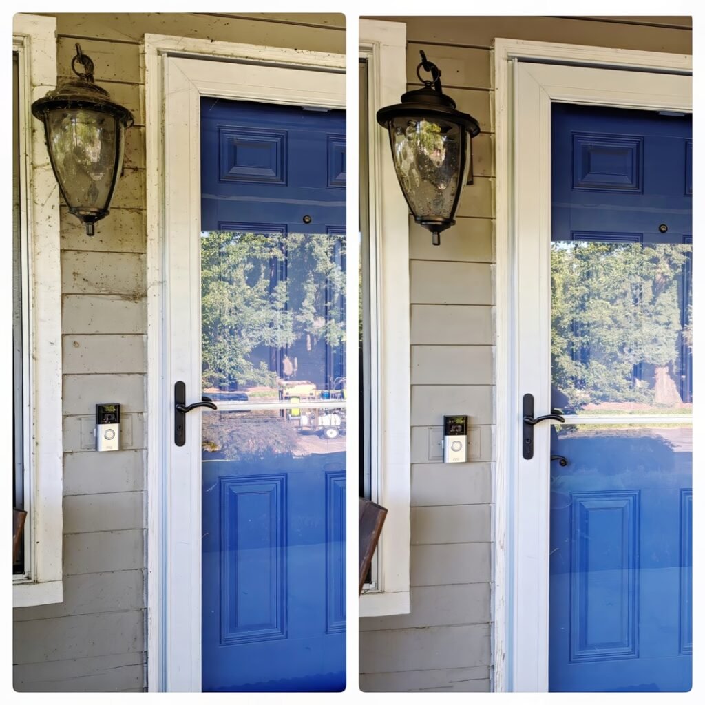 Before and after images of a front door area cleaning. The left image shows the door frame and siding covered in dirt and spider webs, with a dusty lantern fixture above. The right image presents the same view post-cleaning, where the door frame, siding, and lantern appear spotless and refreshed. The vibrant blue color of the door stands out more clearly after the cleaning.