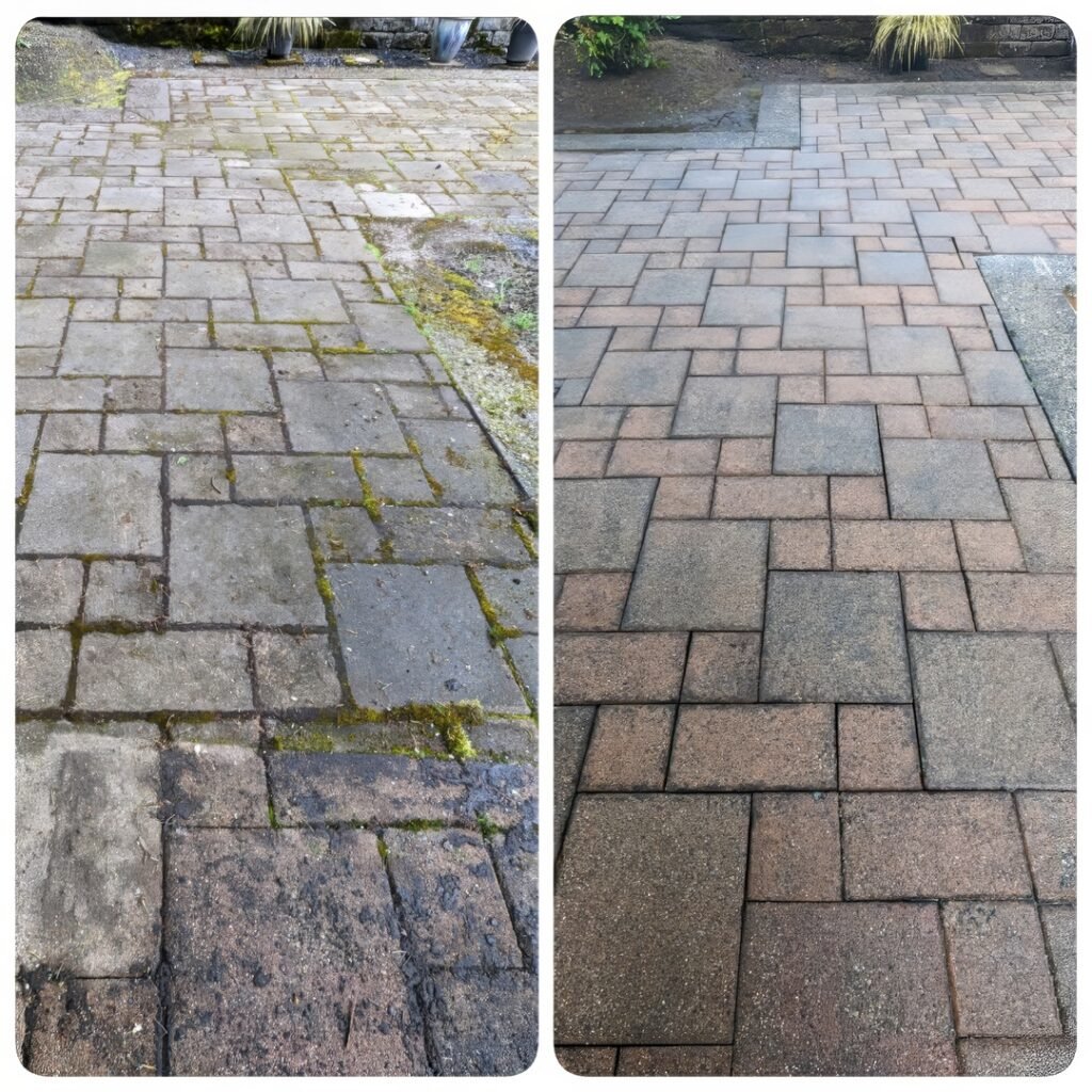 Before and after photos of a brick patio treatment. The left image displays the patio with significant moss and algae growth between the bricks and an overall dull appearance. The right image shows the same patio after treatment, with the bricks appearing much cleaner and the colors more vibrant, indicating the removal of moss and a thorough cleaning.