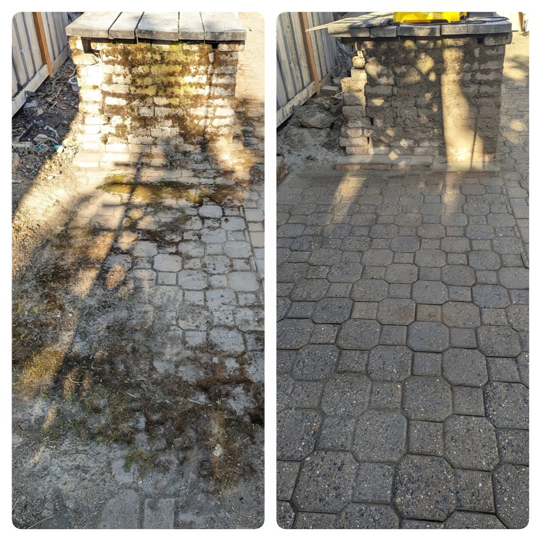 A composite image showing a brick patio before and after moss removal. On the left, the patio is heavily covered with moss and dirt, obscuring the bricks' color and pattern. On the right, the patio is clean with the brick pattern clearly visible and free of moss, demonstrating the effectiveness of pressure washing in restoring the patio's appearance. Shadows of tree branches can be seen in both images, indicating the same lighting conditions.