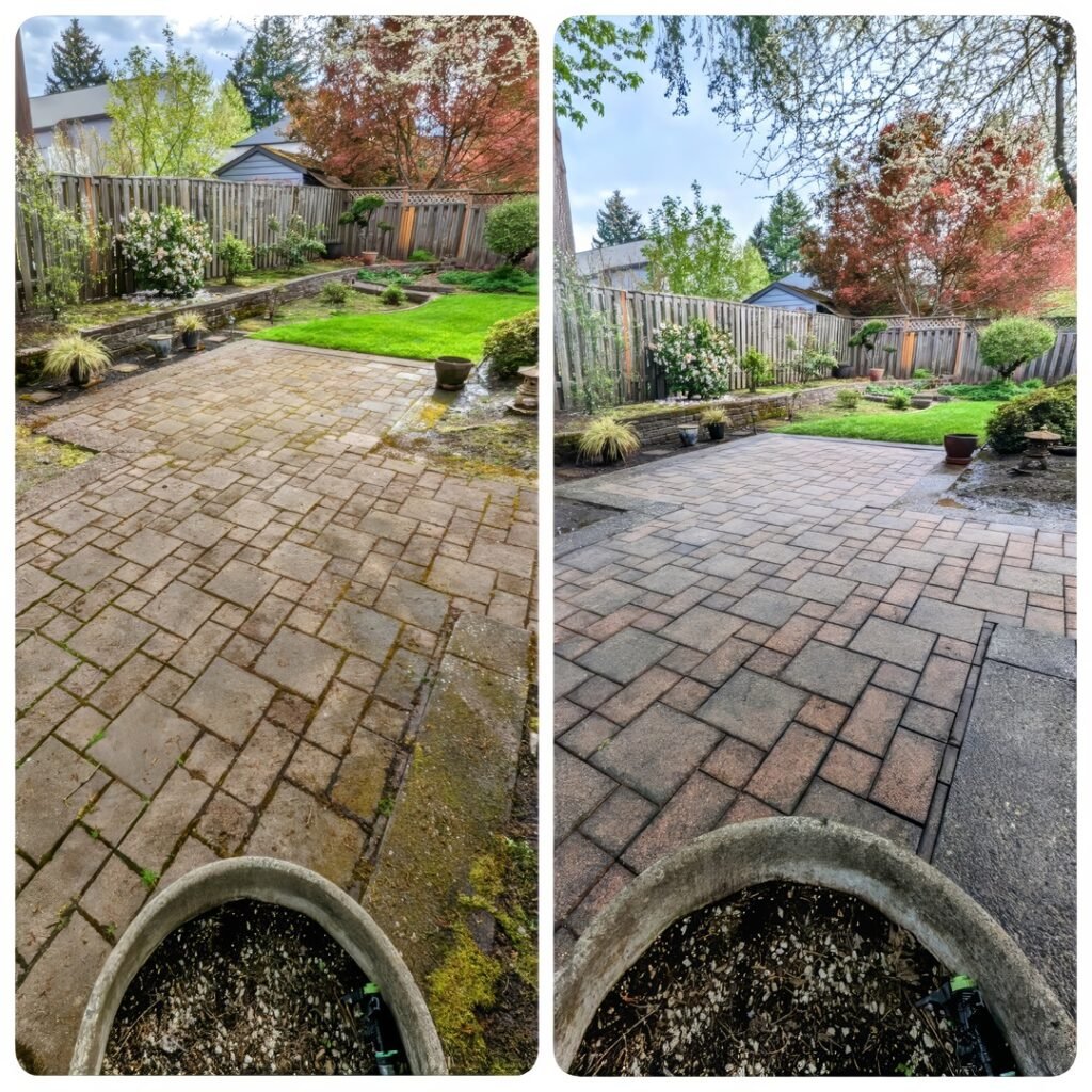 Before and after comparison of a brick patio cleaning. On the left, the patio is overgrown with moss and the bricks are discolored by weathering and dirt. On the right, the patio is pristine and the bricks show their natural color, with the moss completely removed. The surrounding garden, with its lush greenery and flowering plants, appears more vibrant in the clean, refreshed setting.