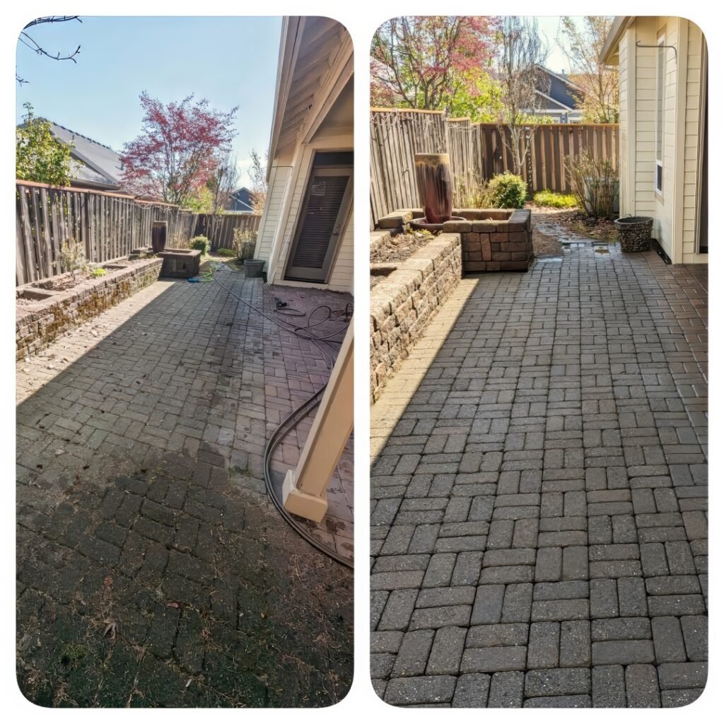 Side-by-side comparison of a brick patio before and after pressure washing. The left image shows the patio heavily covered with moss and dirt, making the brickwork barely visible. The right image reveals a clean and well-defined brick surface after pressure washing, with a noticeable improvement in color and texture, and the surrounding yard appearing tidier and more inviting.