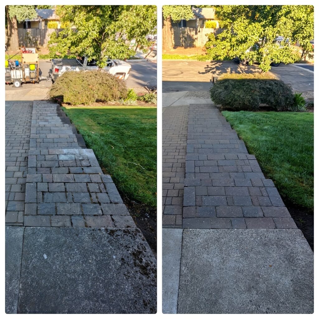 Side-by-side photos of a brick walkway and steps before and after cleaning. The left image shows the walkway with visible moss and stains, making the bricks look aged and the colors muted. The right image shows the same walkway post-cleaning, where the bricks appear much cleaner and the colors are more vibrant, enhancing the walkway's appeal. The lush green lawn on either side remains consistent in both photos, framing the walkway beautifully.