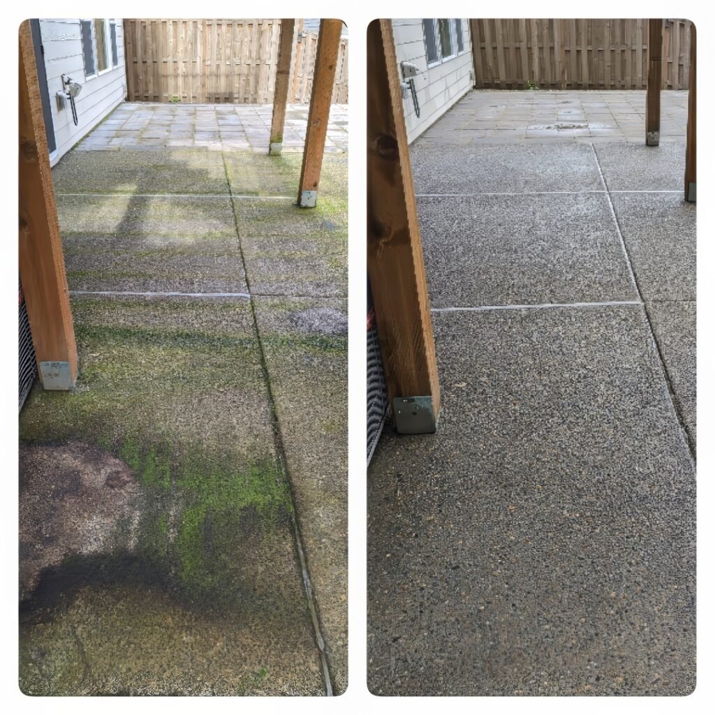 Before and after photos of a concrete patio cleaning. The left photo displays the patio with extensive green moss and dark stains across the surface. The right photo shows the same patio after cleaning, with a uniform, clean, and moss-free surface, demonstrating a significant improvement in cleanliness and overall appearance. Wooden posts framing the area are present in both images, providing a reference point for the effectiveness of the cleaning process.