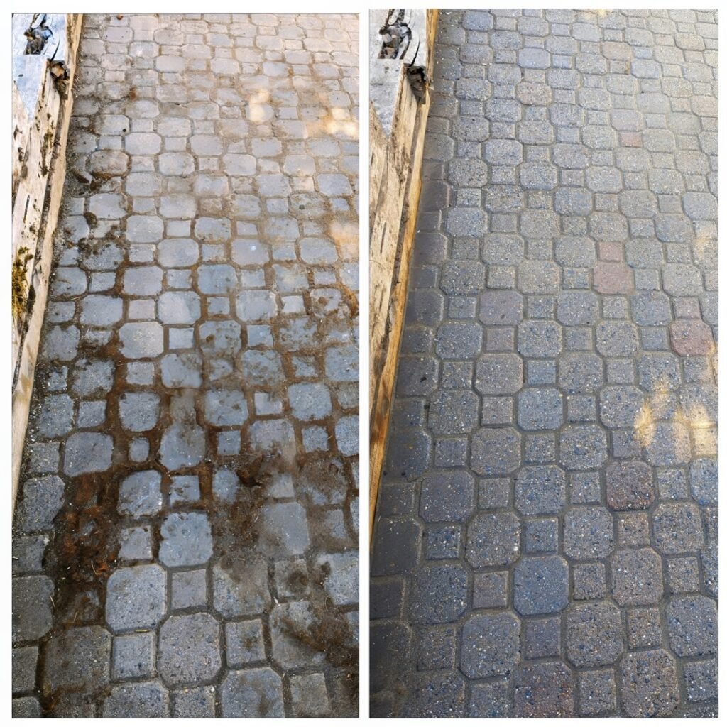 Before and after photos showcasing the cleaning of a brick patio. The left image reveals a grimy patio surface with patches of moss and dirt between the bricks. The right image presents the patio after pressure washing, where the bricks are much cleaner and uniform in color, without any visible moss, highlighting the effectiveness of the cleaning service.