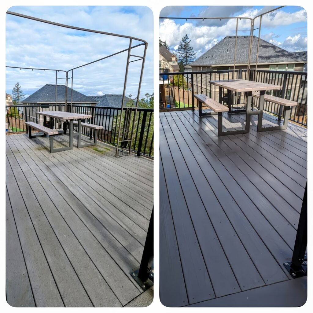 Before and after photos of a wooden deck pressure washing. The left image shows the deck with a weathered and dull appearance. The right image shows the same deck looking refreshed and significantly darker after treatment, with the wood's grain and texture more pronounced. The surrounding landscape and blue skies provide a beautiful backdrop to the well-maintained deck area.