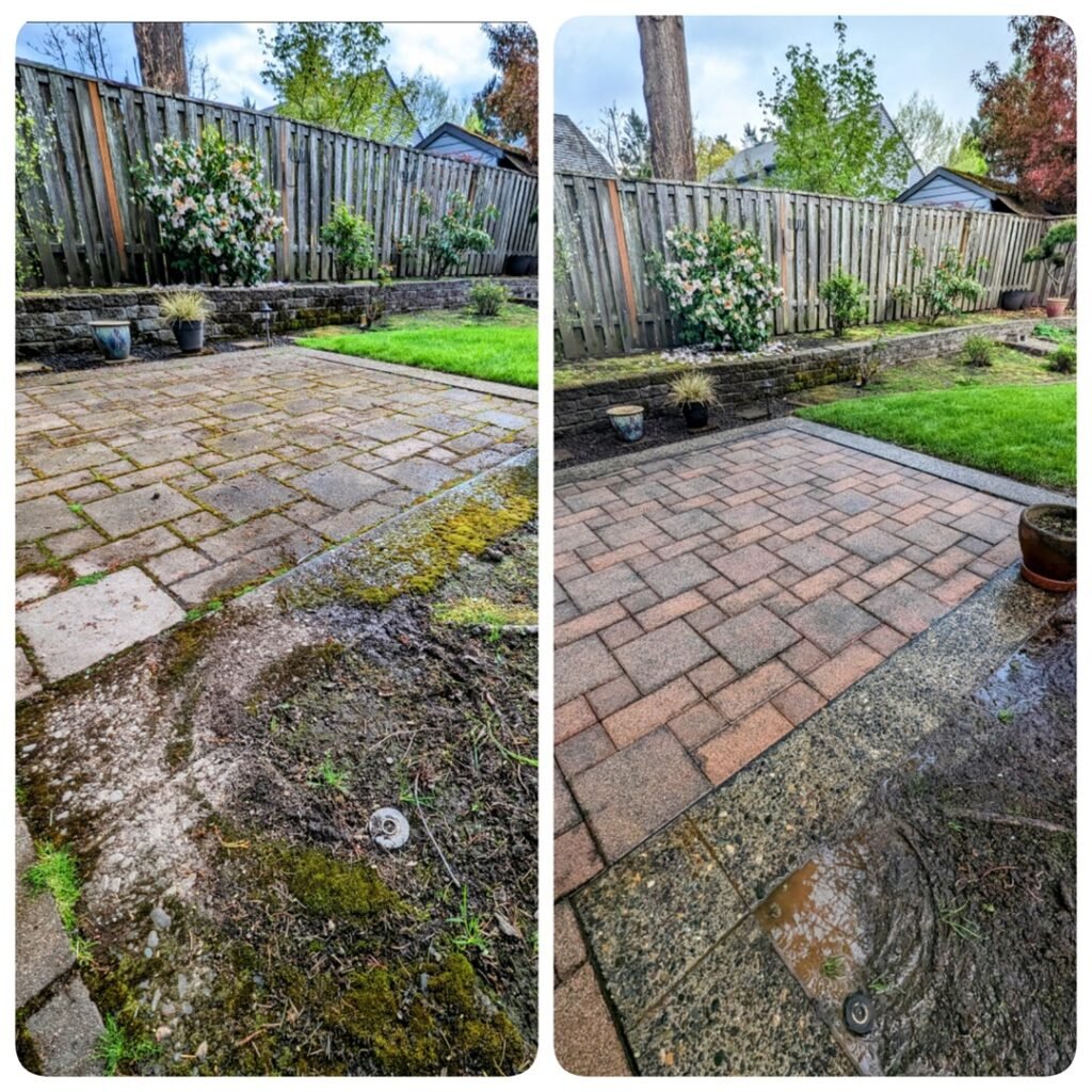 Before and after images of a brick patio cleaning. The left photo shows the patio with visible dirt, moss, and discoloration. The right photo shows the same patio looking much cleaner and brighter after pressure washing, with the surrounding grass and fence appearing more vibrant as well.